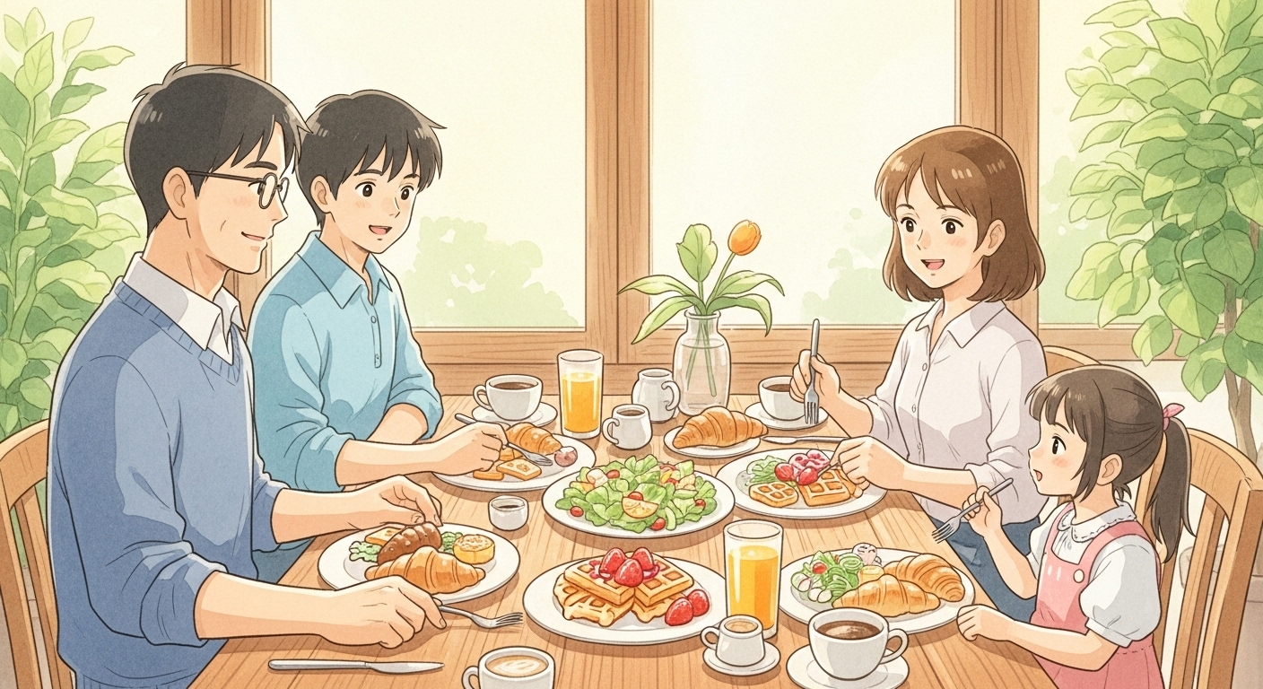 강북구 카페에서 가족 브런치를 즐기는 모습 - 부모님과 아이들이 함께 와플 크루아상 샐러드를 먹으며 행복한 시간을 보내는 따뜻한 카페 풍경