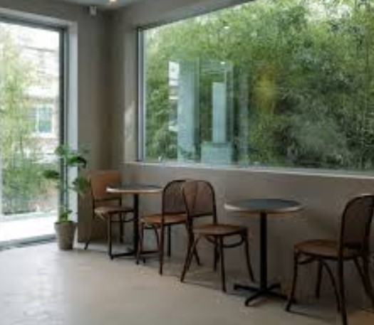 강북구 수유리조트 카페 내부 - 통창 녹음 뷰와 미니멀한 우드 인테리어로 조용히 휴식할 수 있는 감성 카페 좌석