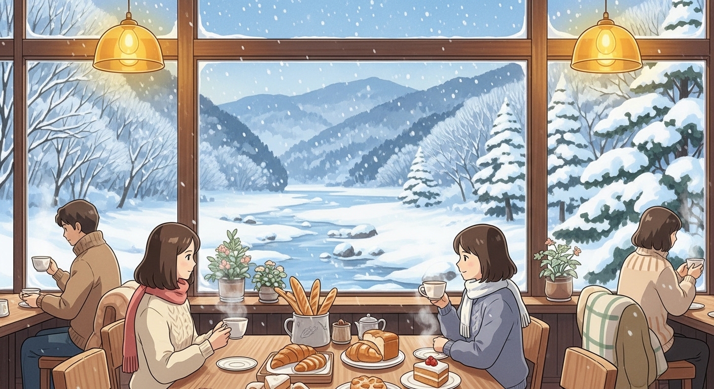 강북구 우이동 겨울 카페 설경 - 북한산 눈 덮인 계곡을 바라보며 따뜻한 차와 빵을 즐기는 감성 카페 브런치 풍경