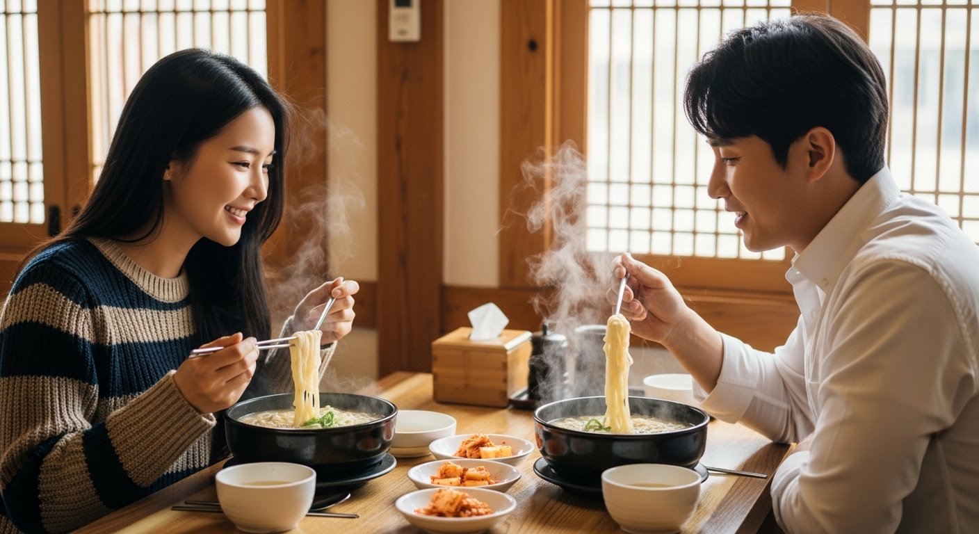 수유역 한식 맛집에서 따뜻한 칼국수를 먹으며 즐거운 시간을 보내는 커플