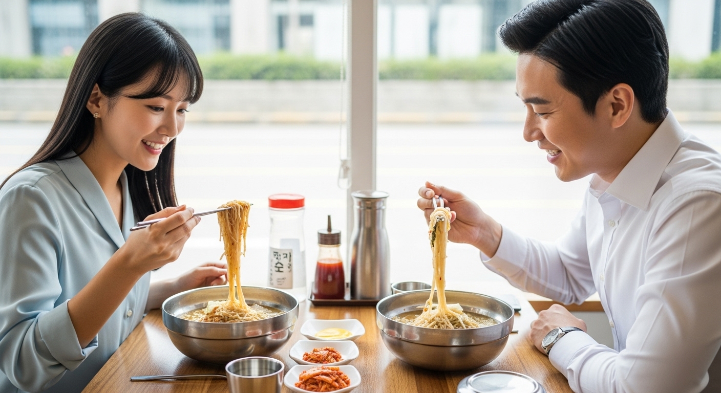 수유역 냉면 맛집에서 시원한 냉면을 먹으며 즐거운 시간을 보내는 커플