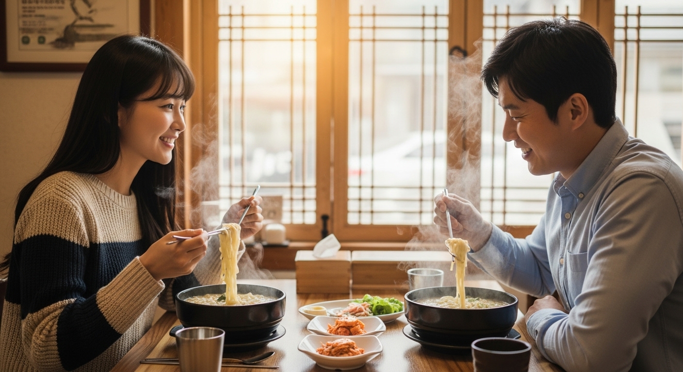 수유역 칼국수 맛집에서 따뜻한 칼국수를 먹으며 행복한 시간을 보내는 커플
