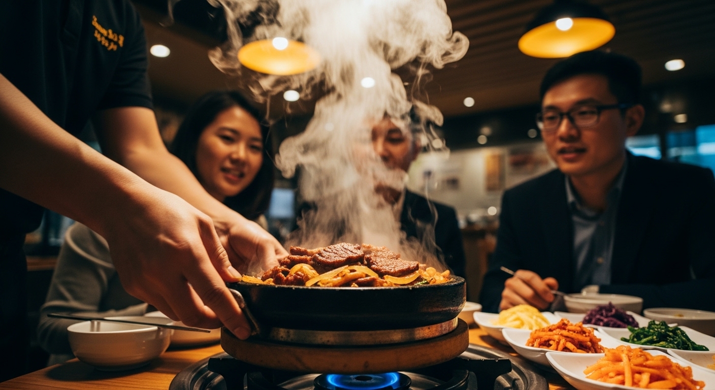 종각역 백반집에서 직장인 3명이 뜨거운 돌솥불고기와 다양한 반찬으로 점심 식사를 즐기는 모습