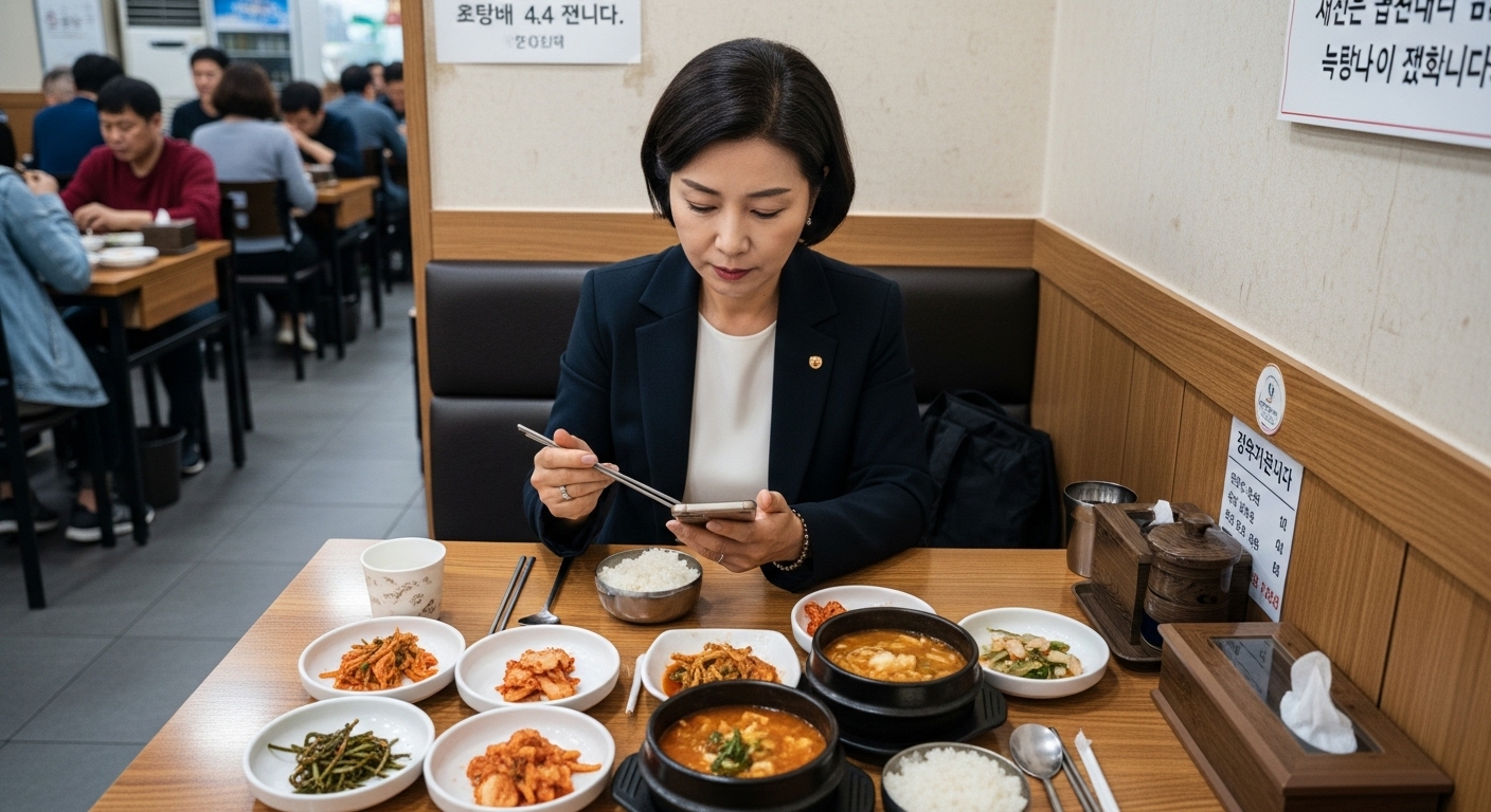 종각역 백반집에서 50대 여성 직장인이 스마트폰을 보며 혼자 점심 식사를 즐기는 모습, 찌개와 다양한 반찬이 차려진 한상