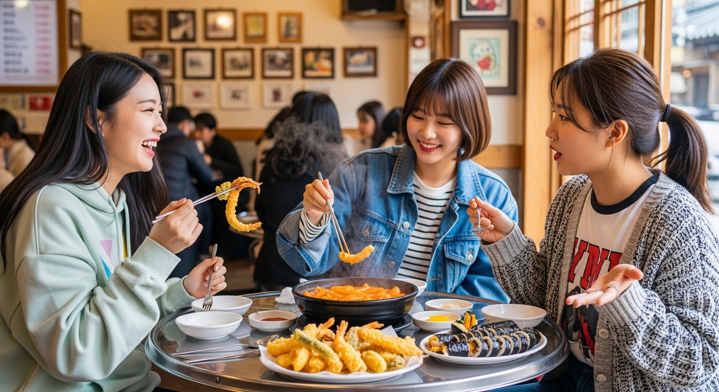 동대문 분식 맛집에서 떡볶이와 튀김을 즐기는 젊은 여성 친구 3명, 행복한 식사 분위기
