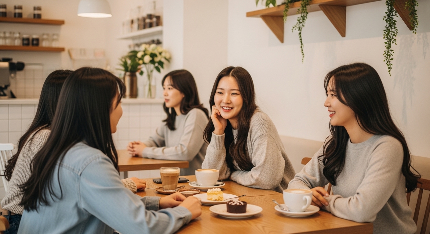 성신여대역 카페에서 커피 마시며 즐겁게 대화하는 친구들 모임 원목 테이블 감성 분위기