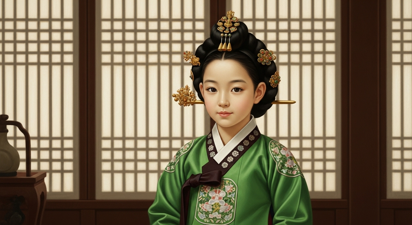 녹원삼을 입은 조선시대 어린 공주의 초상, 세조의 이름 없는 장녀를 상징하는 왕실 복식과 금관, 역사에서 사라진 왕녀