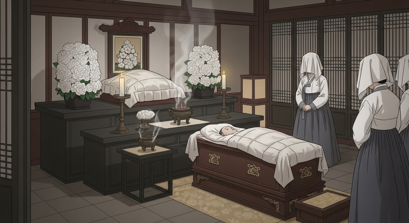 조선시대 어린 공주의 장례식 빈소, 흰 국화와 향로 촛불이 놓인 왕실 상례, 흰 상복 입은 궁녀들, 세조의 이름 없는 장녀 요절