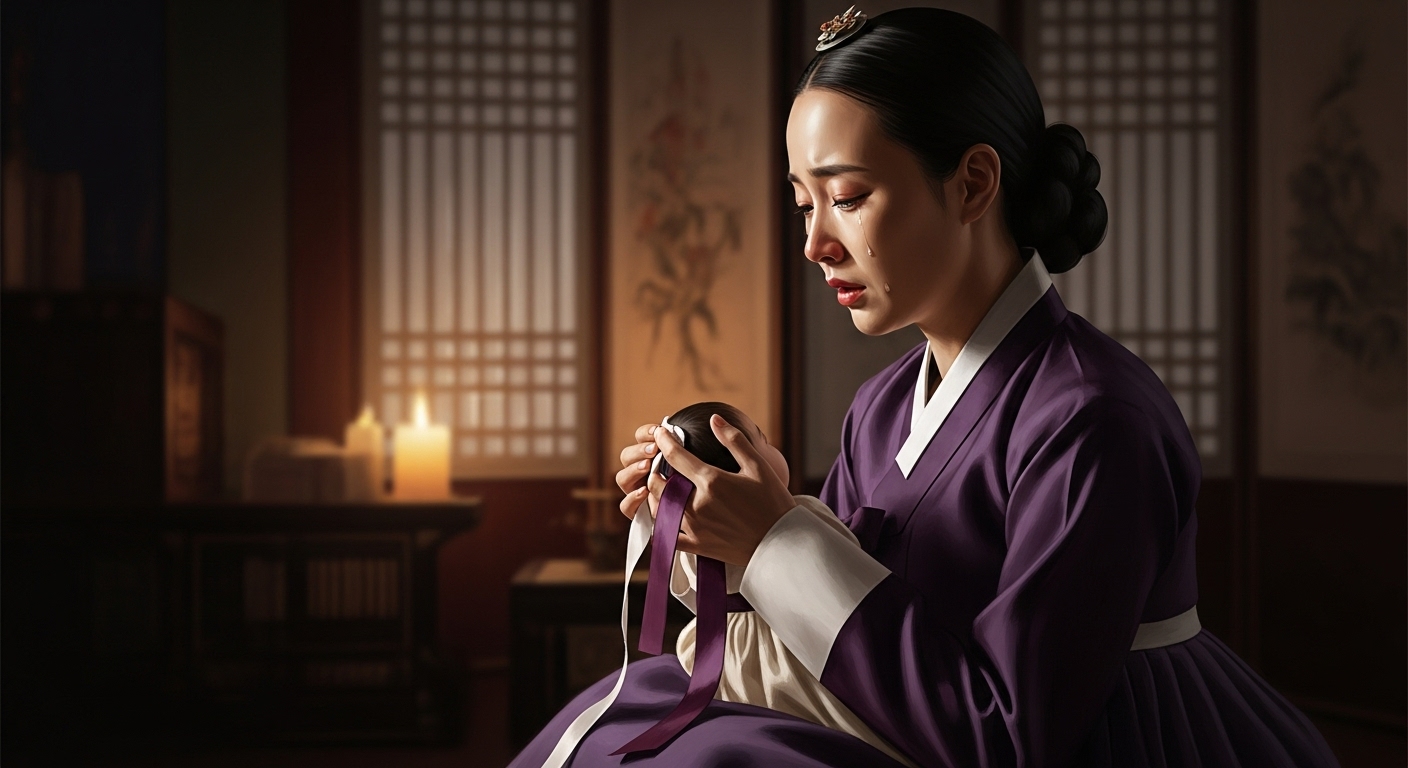 자주색 한복 입은 정희왕후가 어두운 궁궐에서 촛불 앞에 앉아 잃은 딸의 유품을 들고 슬퍼하는 모습, 세조의 이름 없는 장녀를 애도하는 어머니