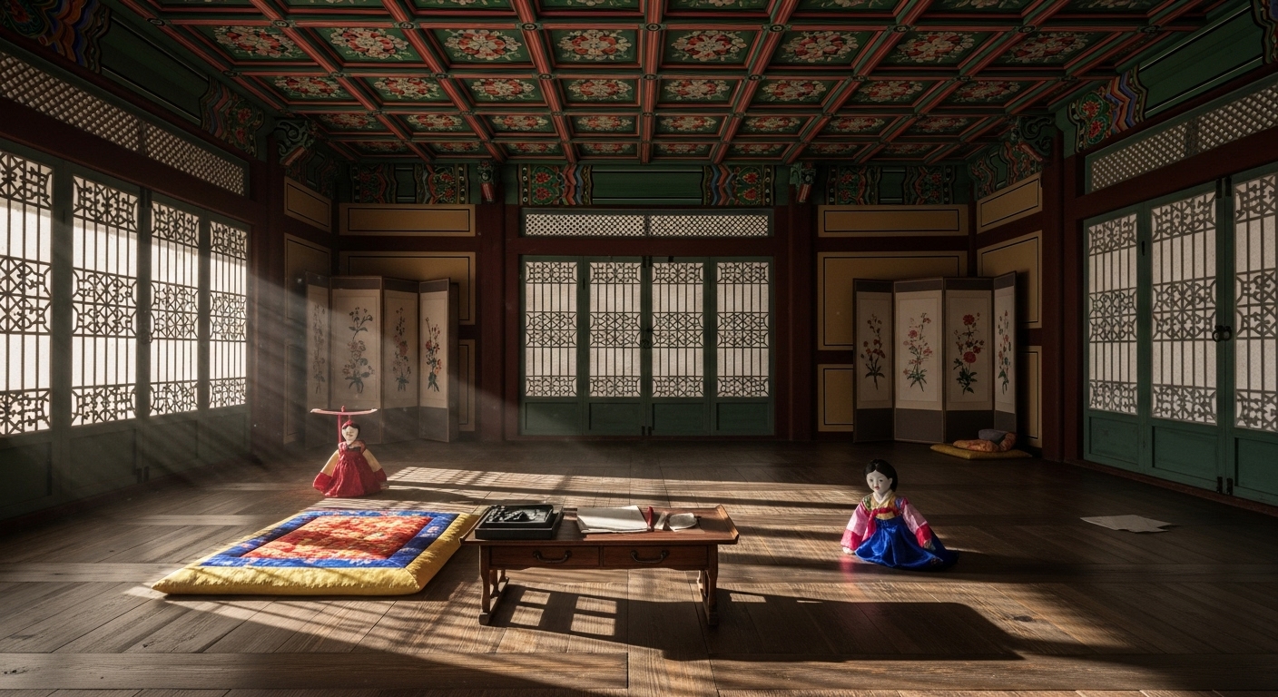 텅 빈 조선시대 공주의 방, 단청 천장 아래 온돌방에 버려진 인형과 문방구, 창호문 사이로 들어오는 햇빛과 먼지, 세조 장녀가 남긴 마지막 흔적