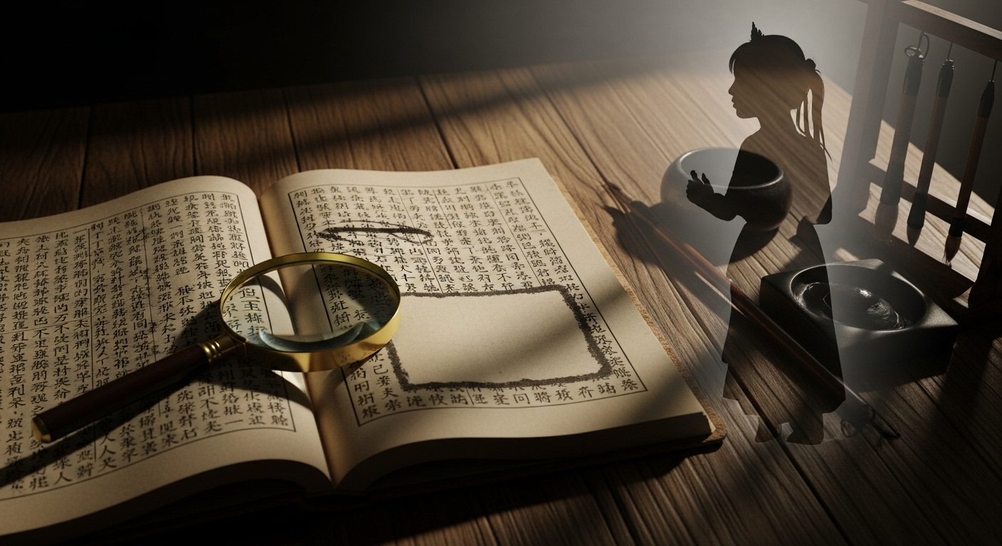 한문으로 쓰인 조선왕조실록 고서에 돋보기를 올려놓은 모습, 빈 페이지와 배경 안개 속 어린 공주의 희미한 실루엣, 세조 장녀의 지워진 역사를 상징