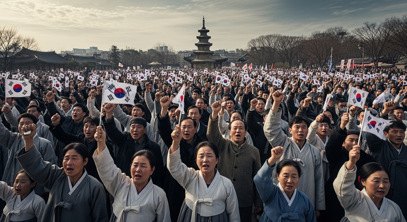 1919년 3월 1일 파고다 공원에서 민족대표 33인이 주도한 독립만세운동 장면, 수많은 시민들이 태극기를 들고 대한독립만세를 외치는 역사적 순간