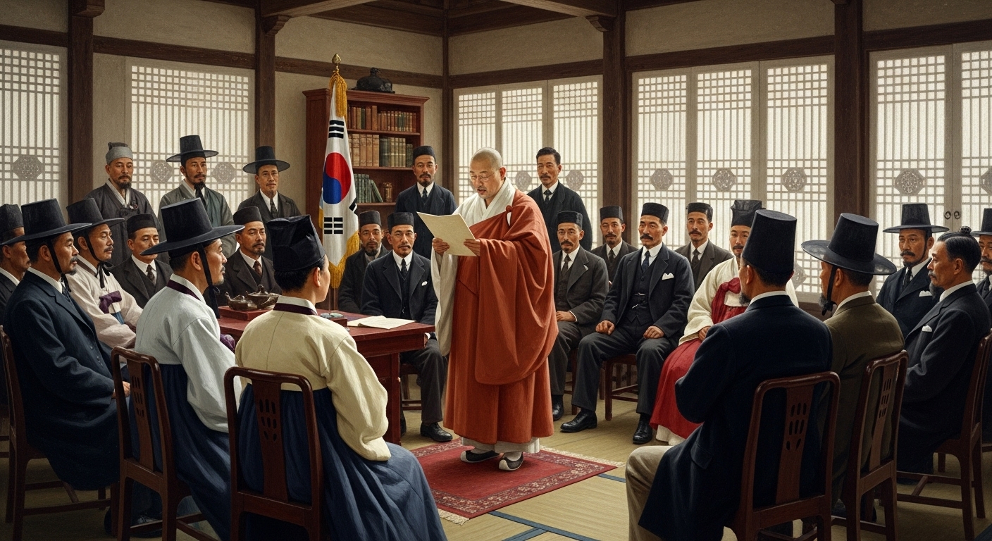 1919년 3월 1일 태화관에서 불교 대표 한용운이 독립선언서를 낭독하고 있는 모습, 천도교·기독교·불교 대표 33인이 한자리에 모여 역사적 순간을 맞이하고 있다