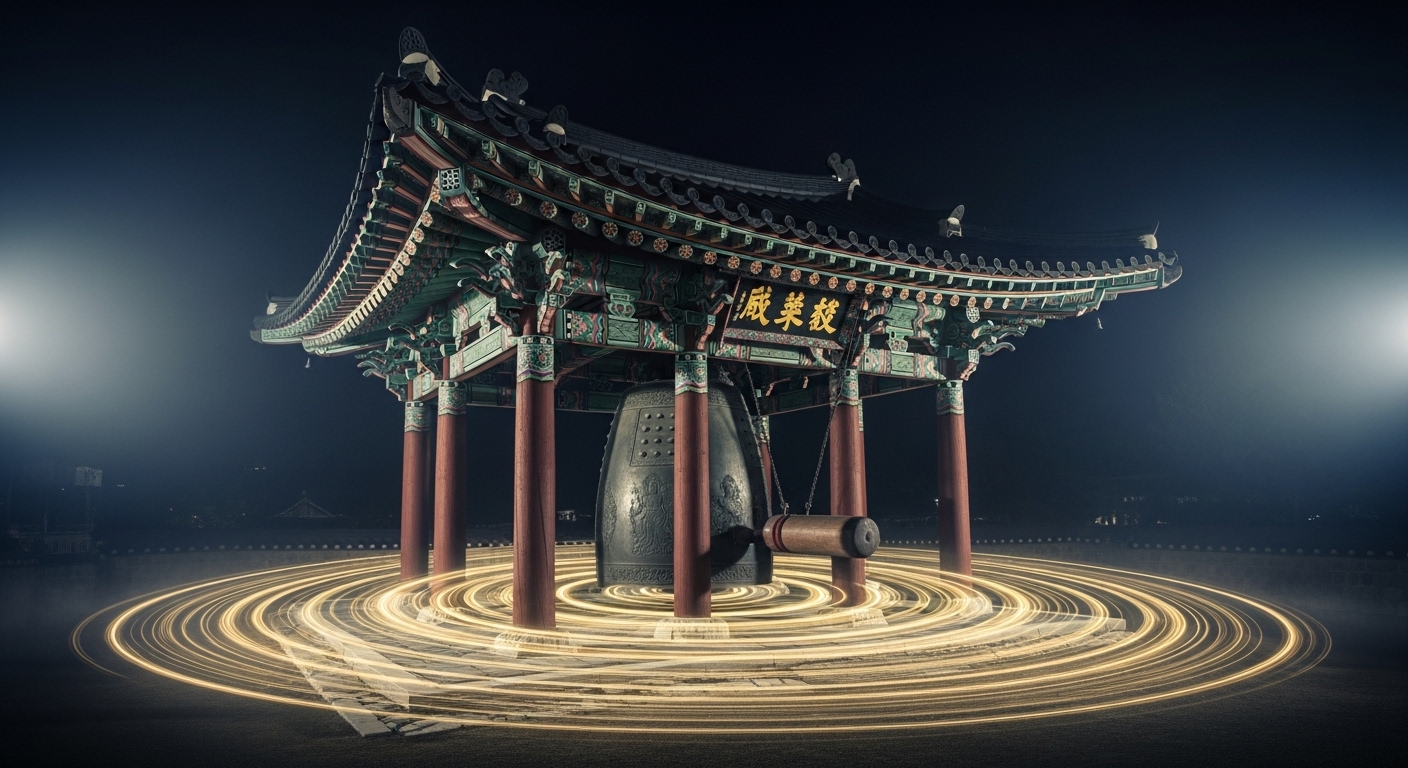 보신각 종각에서 종을 치면 황금빛 파동이 33개의 원을 그리며 퍼져나가는 모습, 도리천 33천을 상징하는 33번 타종의 전통을 시각화한 이미지