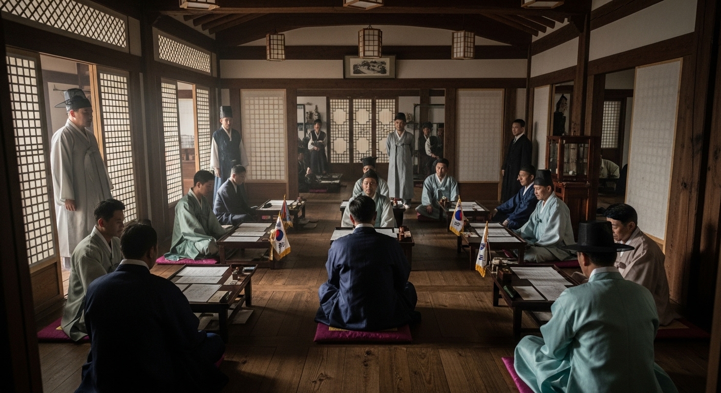 1919년 민족대표 33인이 독립선언을 준비하는 비밀 회의 장면, 전통 한옥에서 천도교·기독교·불교 대표들이 모여 독립운동을 논의하고 있다