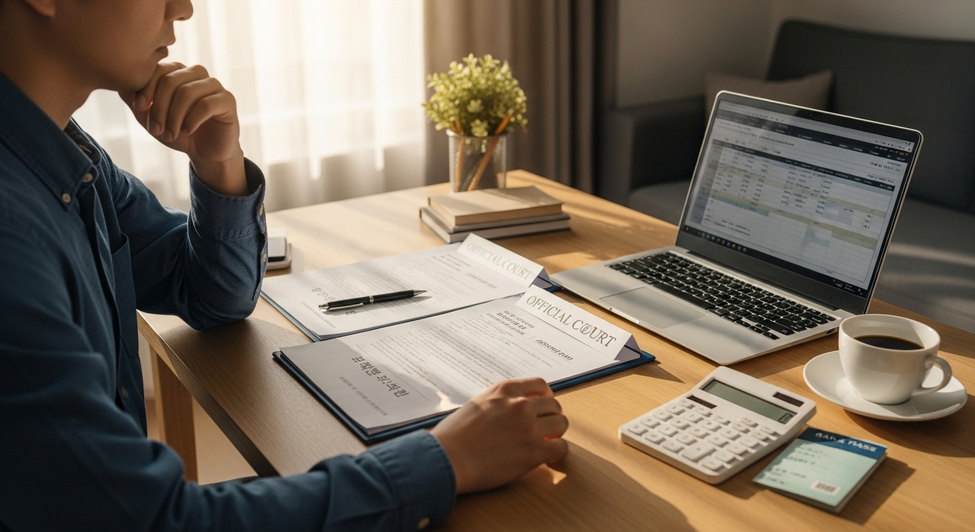 개인회생 절차 중 대출 가능 여부를 고민하며 법원 서류와 재무 계획을 검토하는 사람의 모습