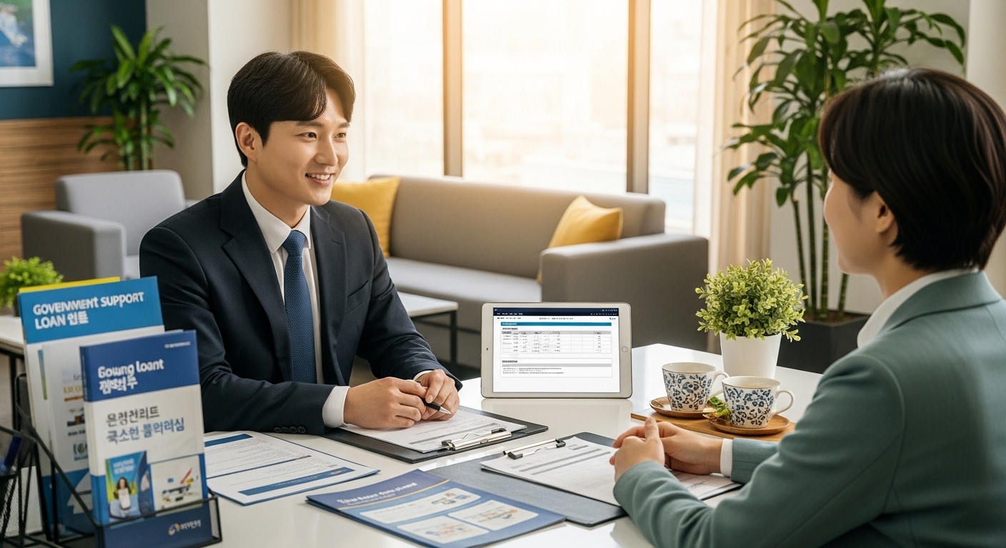 신용회복위원회 상담사가 개인회생자에게 정부 지원 대출 상품을 친절하게 설명하는 상담 장면