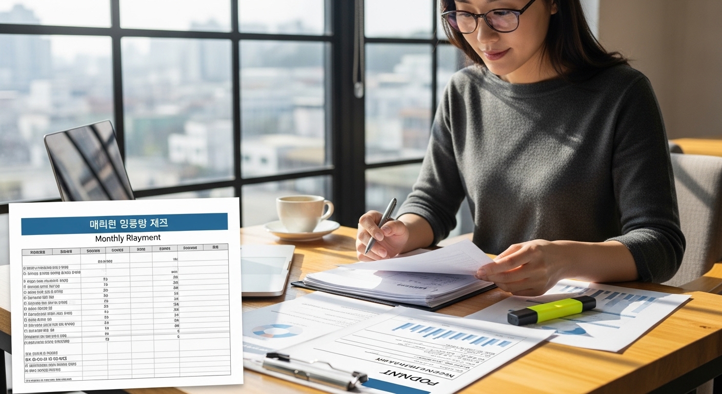 개인회생 중 대출 후 월별 변제금 계획표와 재무 서류를 신중하게 검토하며 계획을 수립하는 모습