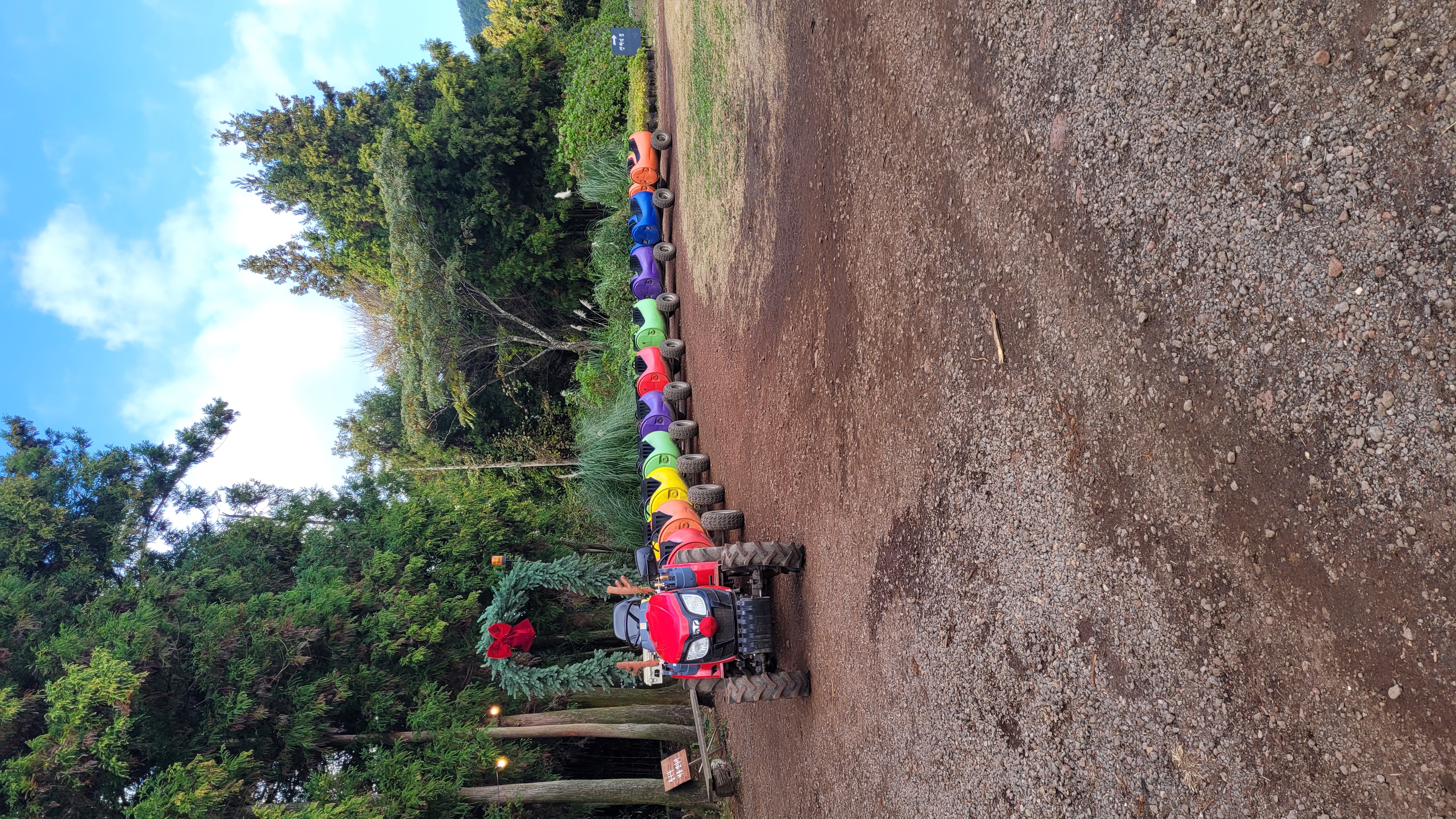 제주 보롬왓 꼬마기차 체험존, 알록달록한 색상의 미니 기차가 줄지어 서있는 어린이 체험 공간