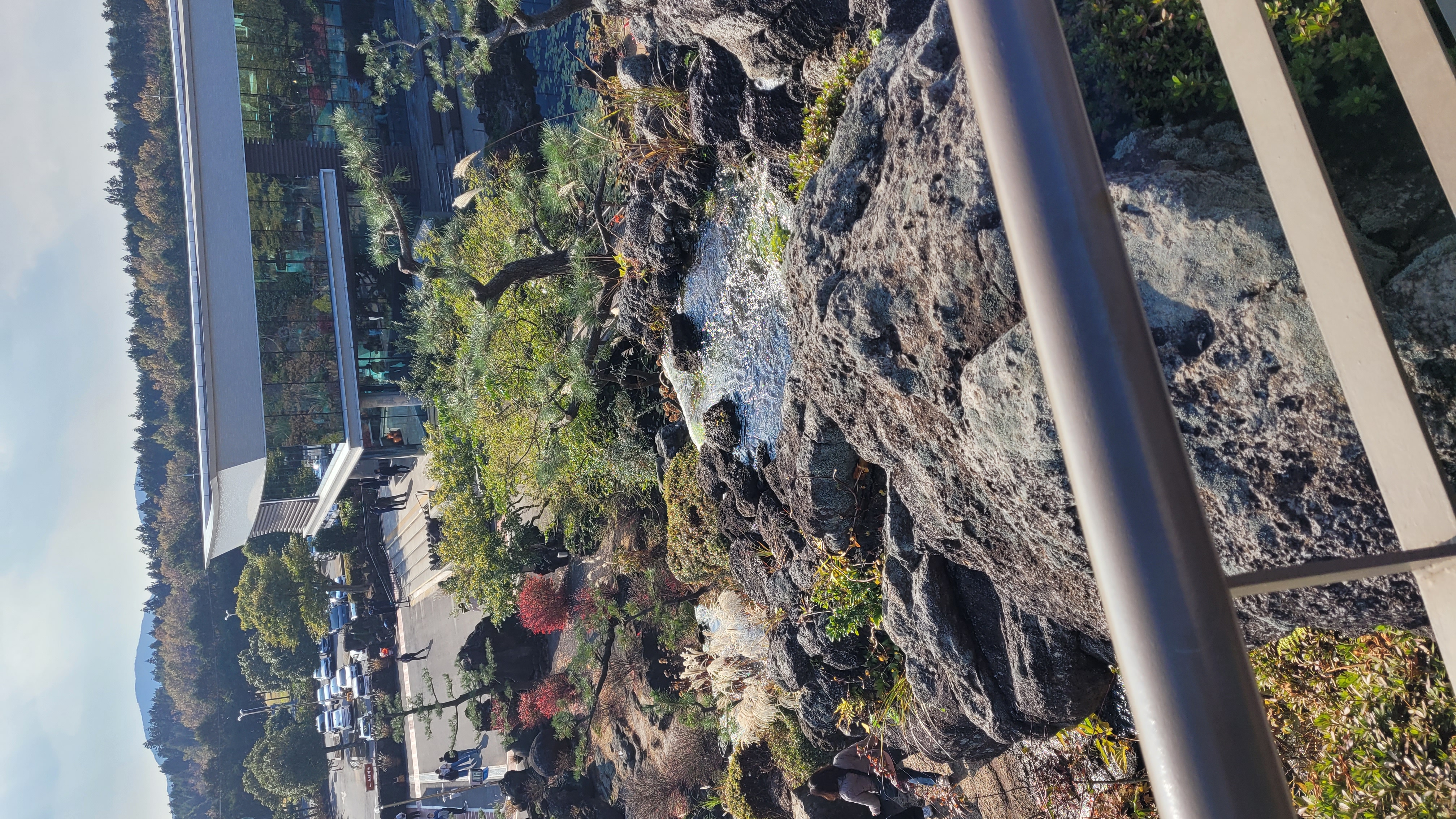 제주 동화마을 스타벅스 더제주송당파크R점 전경 - 국내 최대 규모 리저브 매장과 화산석 연못 정원, 제주 오름 능선이 한눈에 보이는 전망