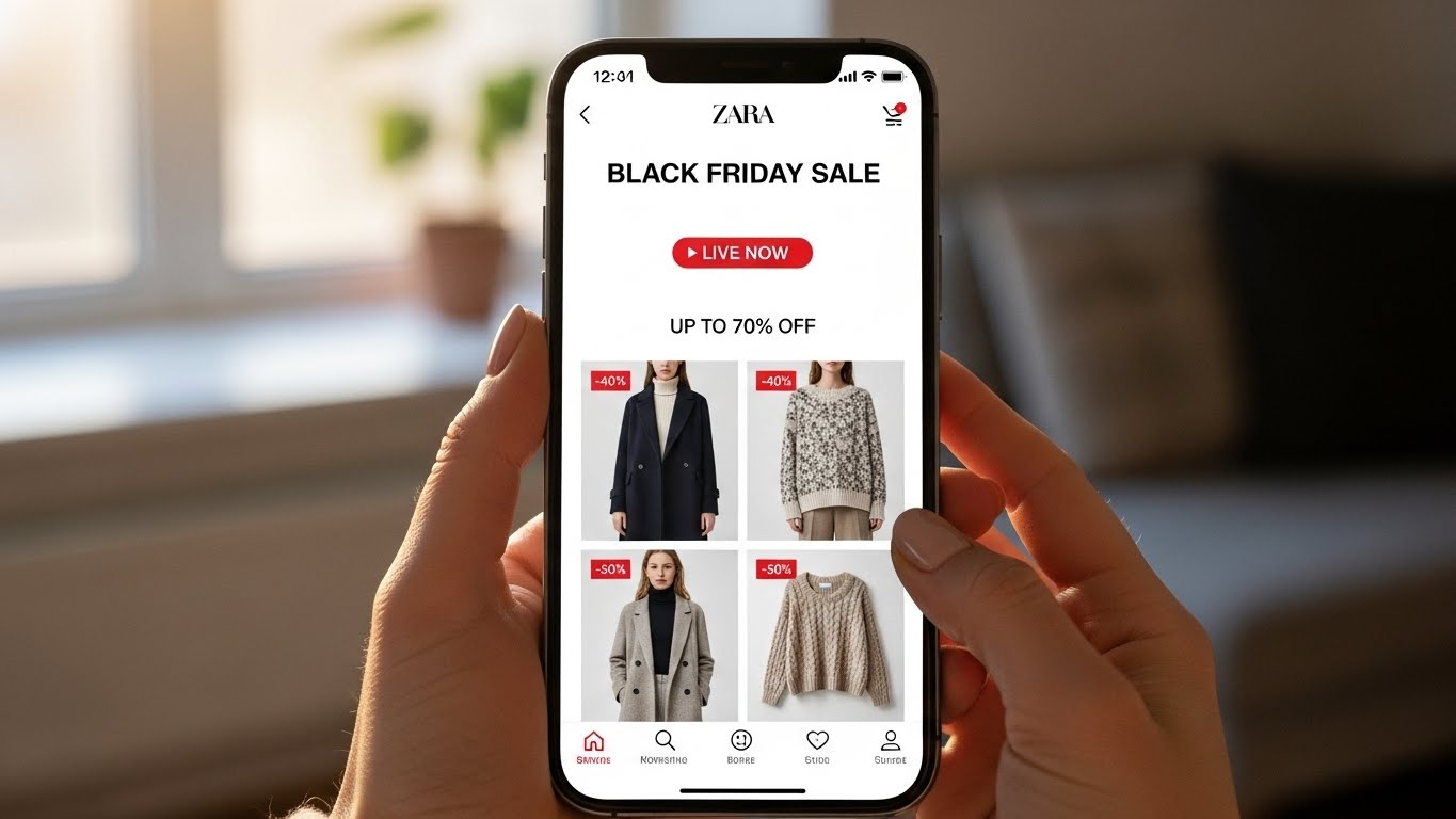 자라 블랙프라이데이 2025 모바일 앱 세일 화면, 최대 70% 할인 진행중, 겨울 코트와 니트 상품 40-50% 할인 표시