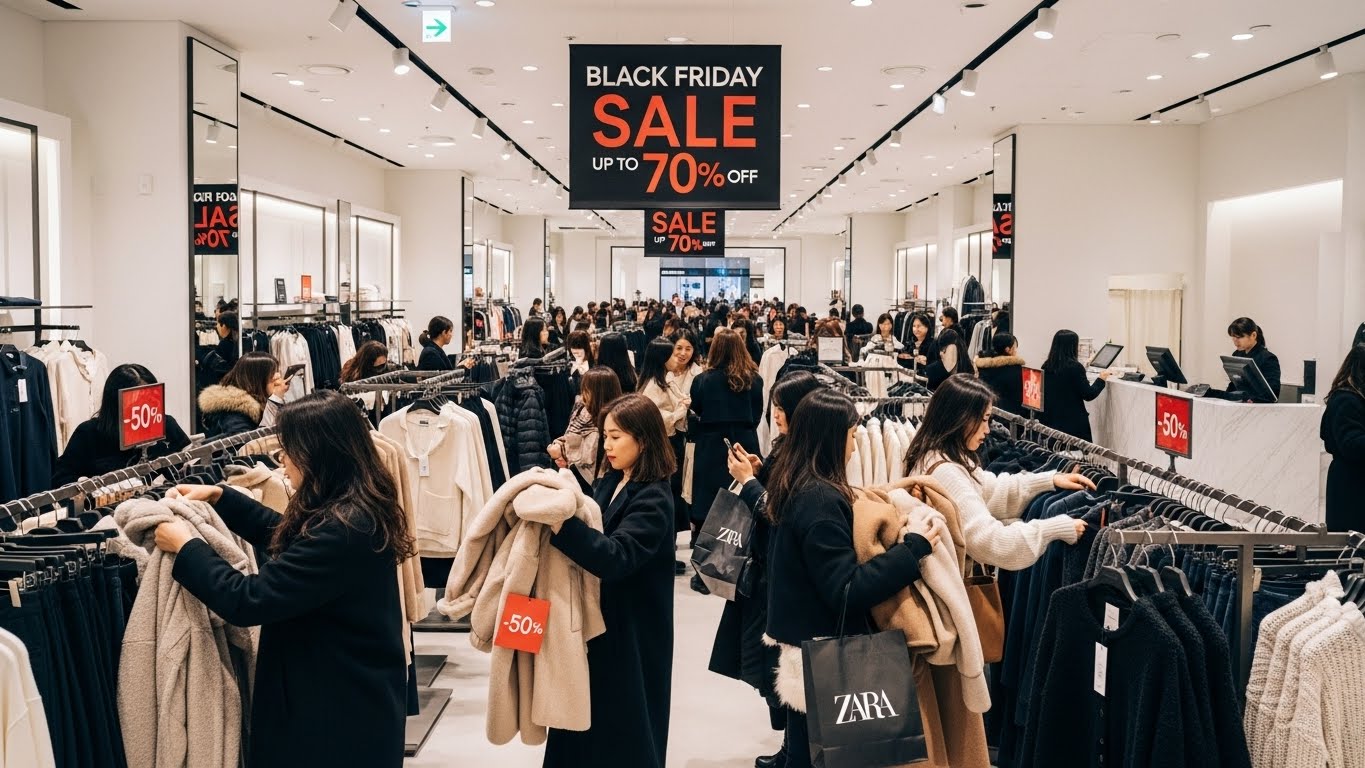 자라 블랙프라이데이 2025 매장 현장, 최대 70% 할인 대형 간판 아래 쇼핑하는 한국 여성 고객들, 50% 할인 태그 붙은 겨울 의류 둘러보는 모습
