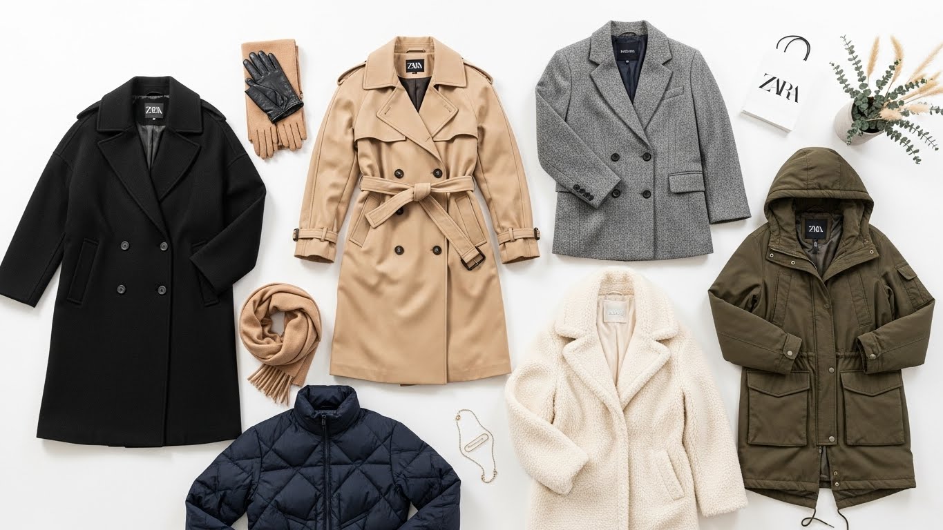 자라 2025 겨울 아우터 컬렉션 플랫레이, 블랙 울코트 카멜 트렌치코트 그레이 재킷 크림 테디베어코트 네이비 패딩 올리브 파카 자라 쇼핑백과 액세서리