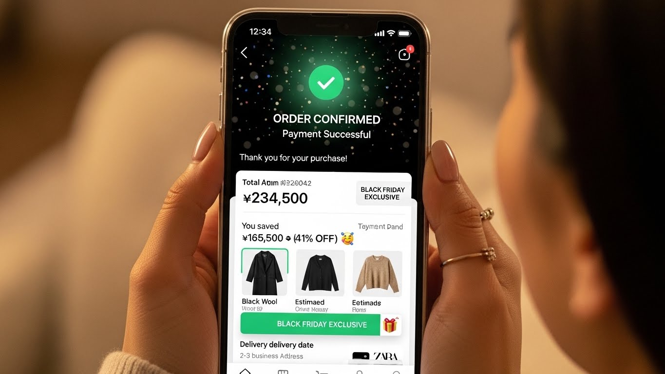 자라 모바일 앱 주문 완료 화면, 블랙프라이데이 결제 성공 23만4500원, 16만5500원 절약 41프로 할인, 블랙 울코트 니트 구매