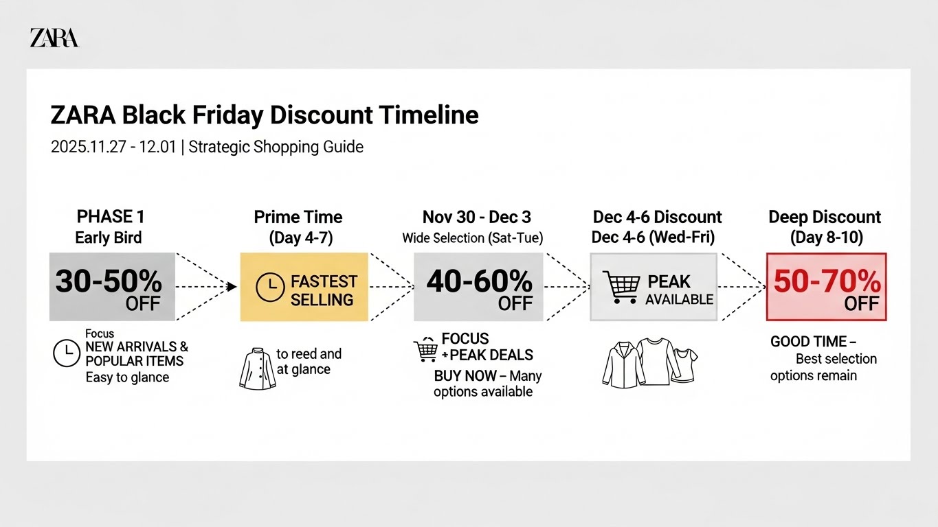 자라 블랙프라이데이 2025 할인율 진행 타임라인, 1단계 30-50% 얼리버드 2단계 40-60% 프라임타임 3단계 50-70% 딥할인, 전략적 쇼핑 가이드