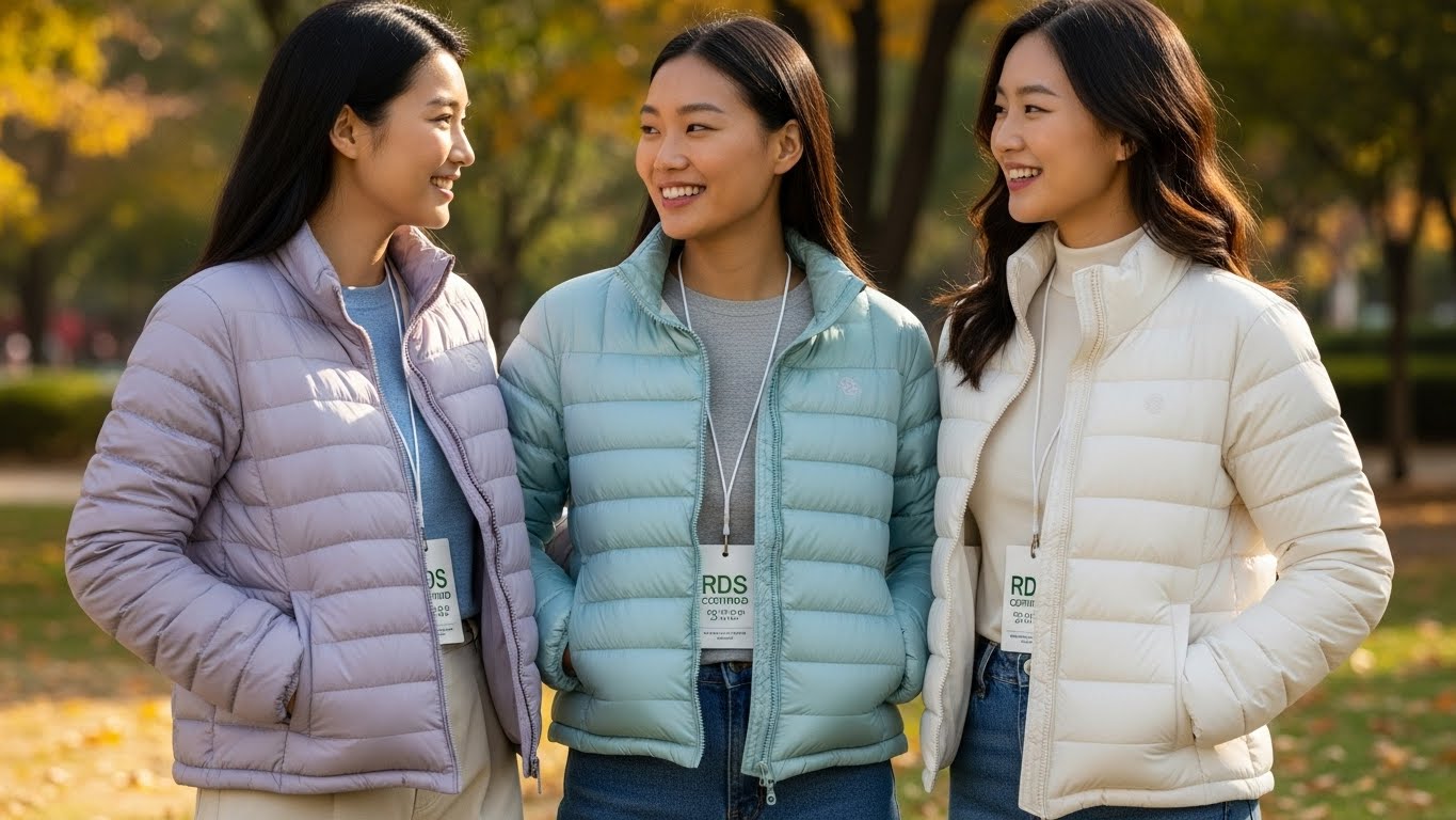 2025년 12월 여성 경량패딩 인기 컬러 추천 - 라벤더 파스텔 퍼플, 민트 스카이블루, 아이보리 베이직 컬러 친환경 RDS 인증 다운 패딩을 입은 20대 여성 3명 가을 공원
