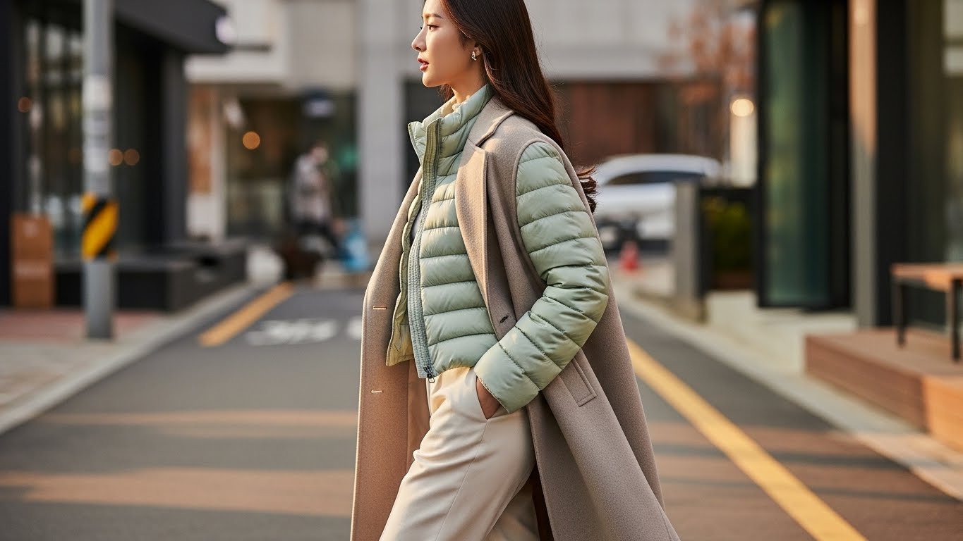 2025년 12월 여성 경량패딩 레이어링 스타일링 추천 - 민트 올리브 그린 컬러 숏패딩 롱코트 안에 입는 방법 출퇴근룩 데일리룩 20대 30대 여성 겨울 코디