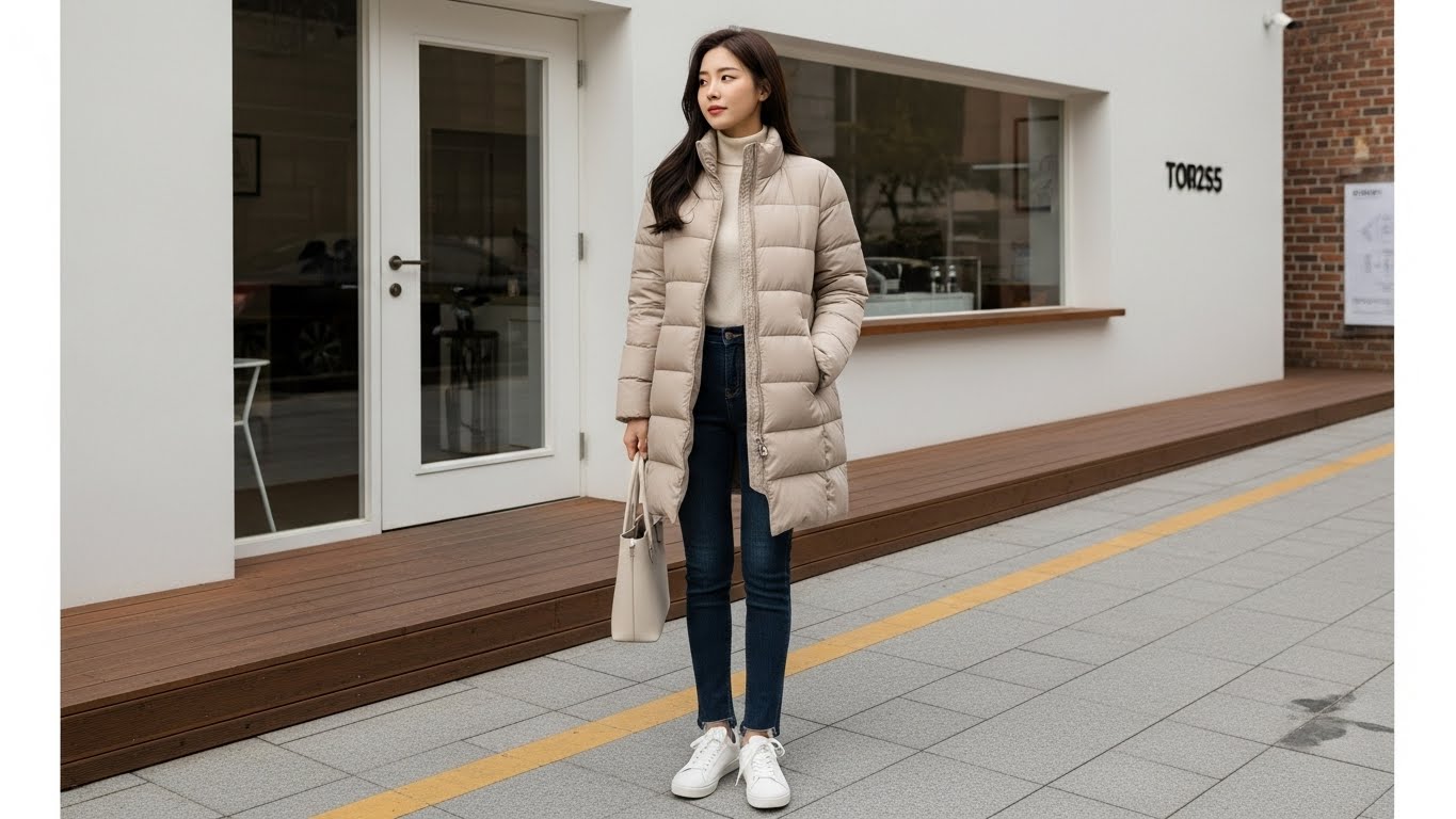 2025년 12월 여성 하프패딩 추천 베이지 뉴트럴 컬러 슬림핏 - 엉덩이 덮는 미디 기장 경량패딩 데일리룩 출퇴근룩 20대 30대 여성 카페 스트리트 패션 코디