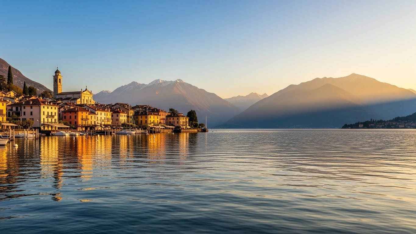 에르노 패딩 브랜드가 1948년 탄생한 이탈리아 북부 레사 지역, 마조레 호수와 알프스 산맥이 어우러진 황금빛 석양 풍경