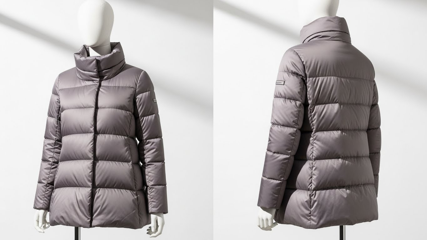 에르노 패딩의 슬림한 A라인 실루엣과 하이넥 디자인, 앞뒤 모습이 보이는 그레이 컬러 여성 롱패딩 제품 사진