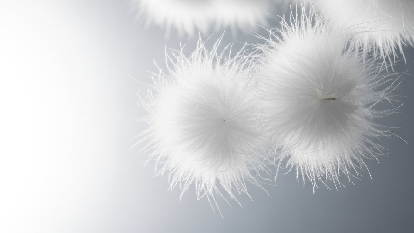 에르노 패딩에 사용되는 최고급 프리미엄 거위털 구스다운 충전재 클로즈업, 부드럽고 풍성한 흰색 솜털 질감