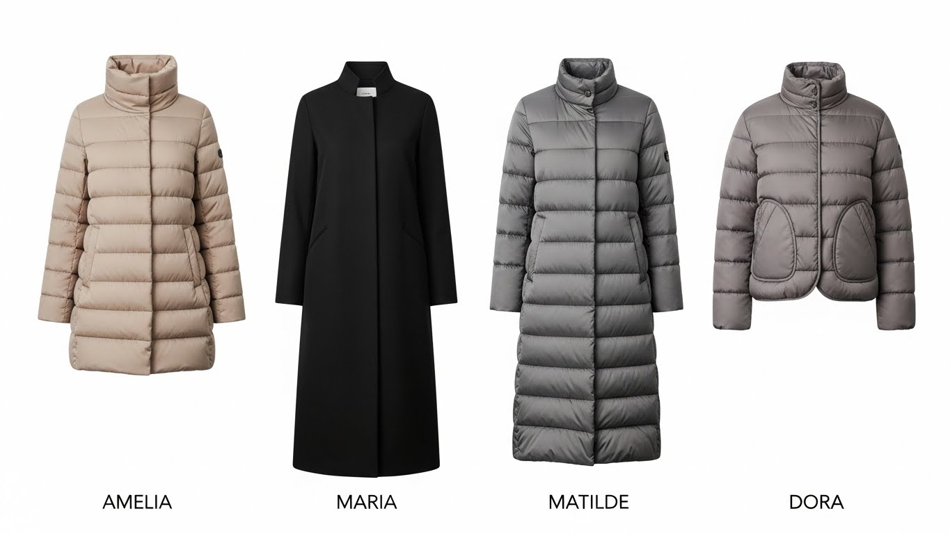에르노 패딩 대표 라인업 4종, 아멜리아 베이지 하이넥 패딩, 마리아 블랙 롱코트, 마틸데 그레이 롱패딩, 도라 모카 숏패딩 제품 비교