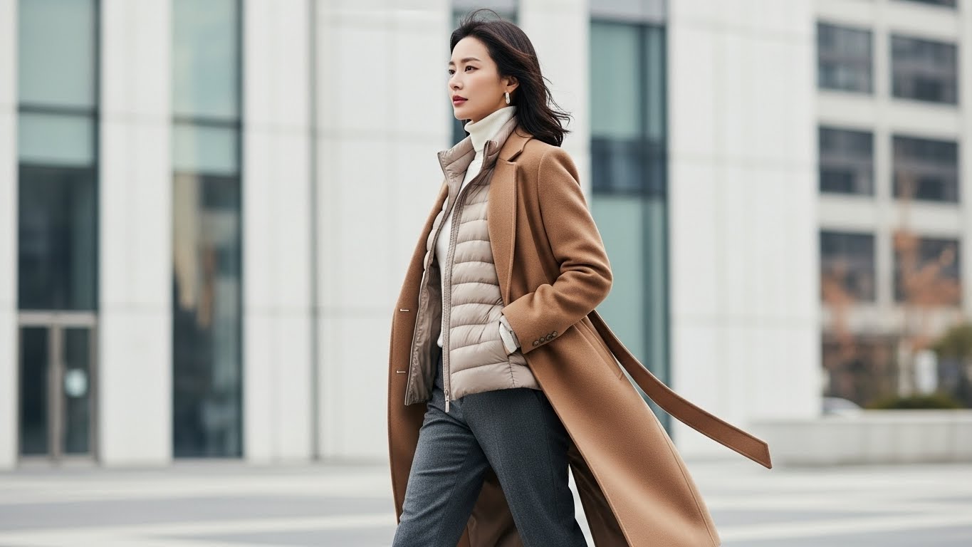 에르노 경량 패딩을 카멜 울 코트 안에 레이어링한 여성 겨울 스타일링, 2025년 트렌드 패딩 코디 방법