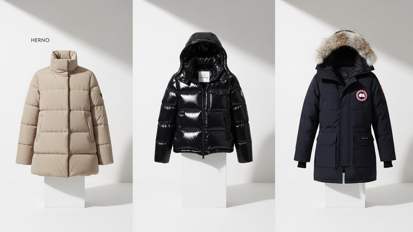 에르노 몽클레르 캐나다구스 3대 명품 패딩 브랜드 비교, 왼쪽부터 베이지 에르노 로고리스 슬림핏 패딩, 중앙 블랙 몽클레르 광택 구스다운 패딩, 오른쪽 네이비 캐나다구스 퍼 후드 파카 제품 디자인 차이