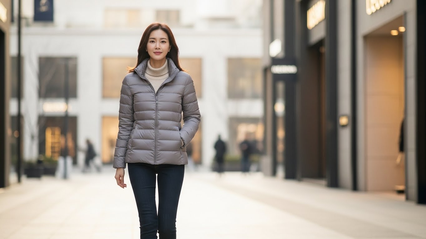 에르노 그레이 슬림핏 패딩을 입고 서울 명품 거리를 걷는 한국 여성, 베이지 터틀넥과 네이비 스키니진 매치한 세련된 겨울 데일리 룩 청담 패딩 스타일링