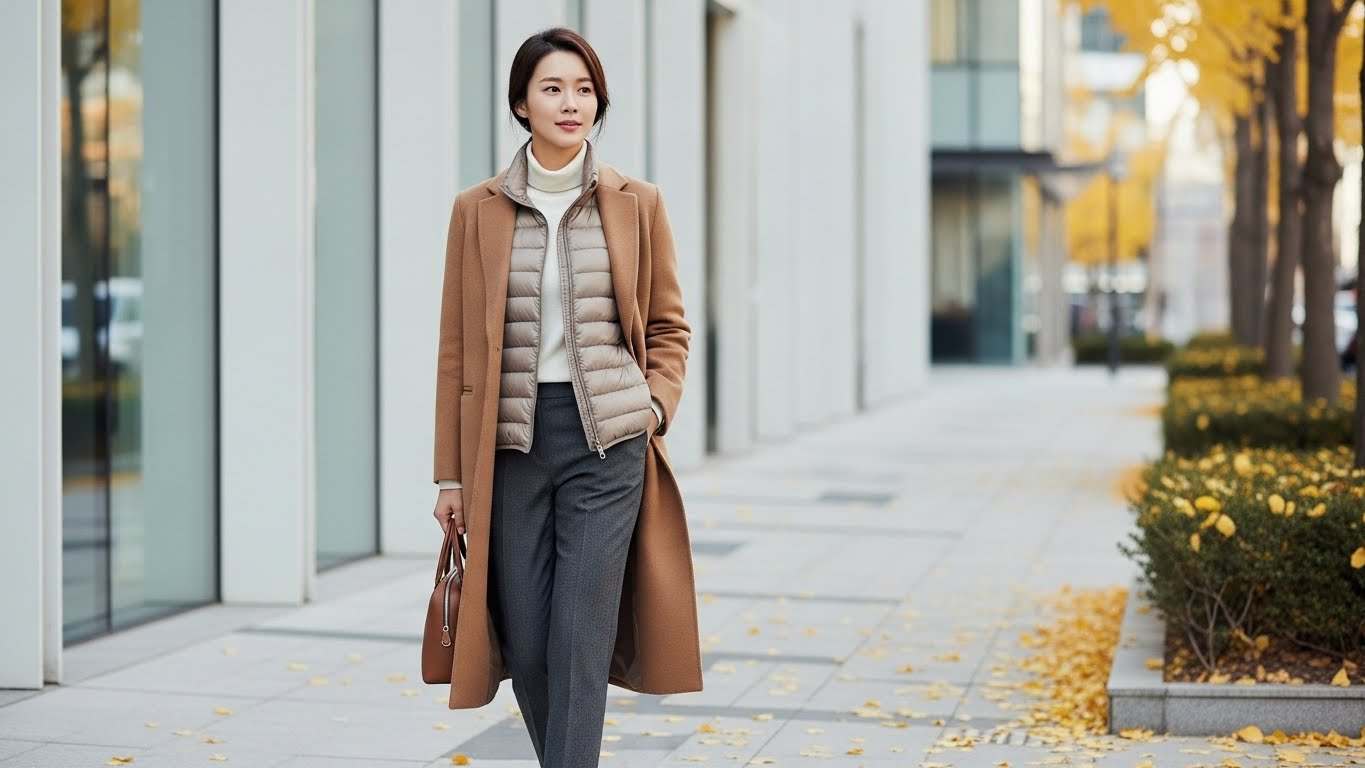 에르노 베이지 경량 패딩을 카멜 울 코트 안에 레이어링한 한국 여성 겨울 오피스룩, 화이트 터틀넥과 그레이 슬랙스 매치한 2025년 트렌드 청담 패딩 스타일