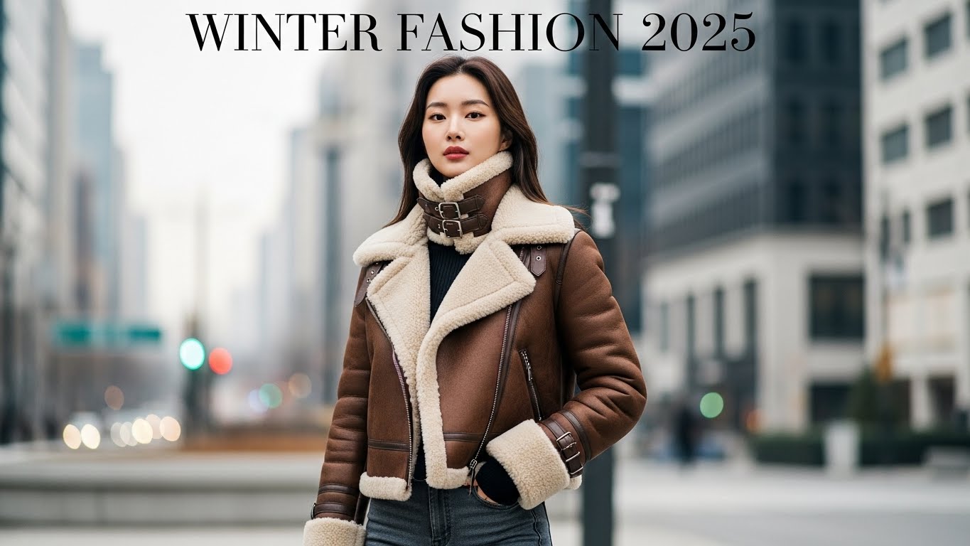 2025 겨울 트렌드 브라운 시어링 무스탕 재킷을 입은 한국 여성 모델의 도시 패션 화보