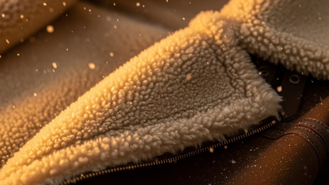 무스탕 시어링 재킷의 곱슬한 양털과 스웨이드 가죽 질감을 보여주는 클로즈업 디테일 사진