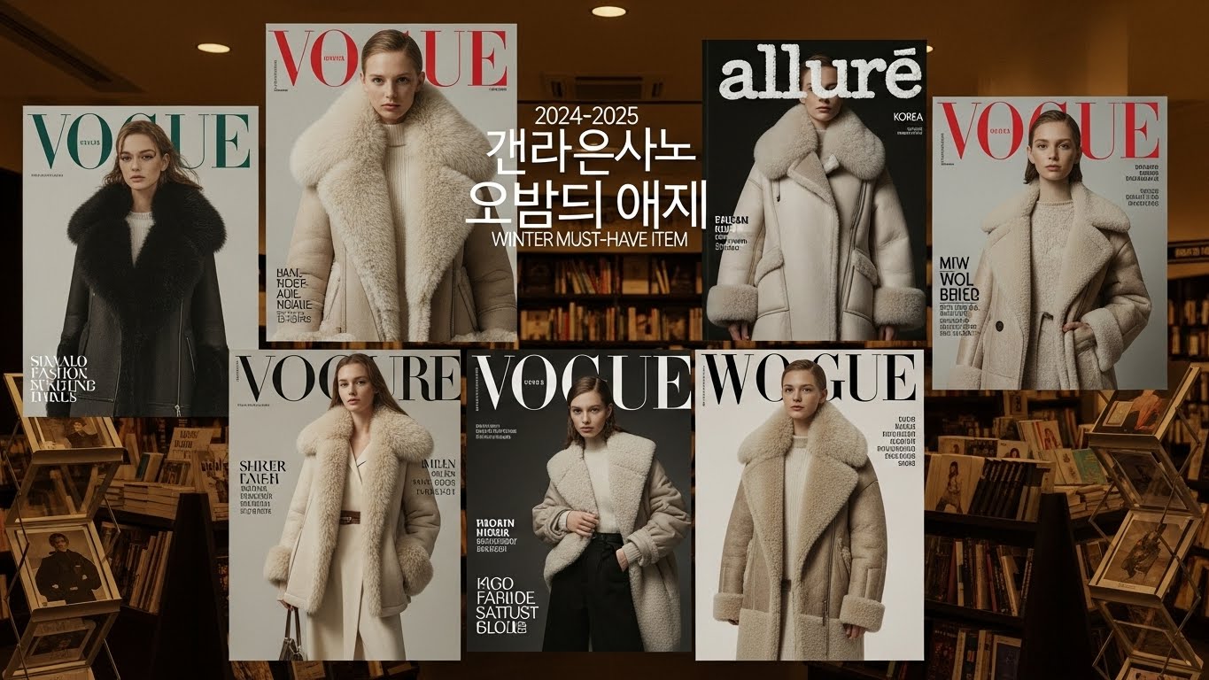 2024-2025 겨울 필수 아이템으로 선정된 시어링 무스탕을 특집으로 다룬 보그, 얼루어 등 주요 패션 매거진 커버 모음