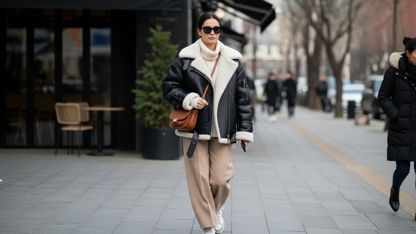 블랙 시어링 무스탕 재킷과 베이지 팬츠로 완성한 연예인 스타일 겨울 스트릿 패션 데일리룩