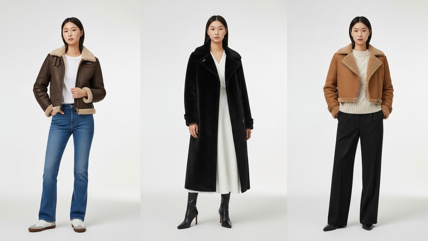 무스탕 시어링 재킷으로 완성한 3가지 스타일 비교 - 캐주얼 숏 무스탕, 드레시 롱 코트, 클래식 크롭 재킷 코디법