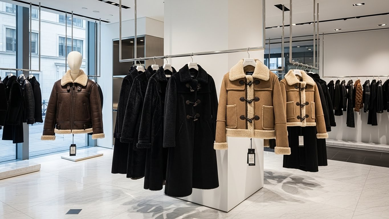 럭셔리 패션 브랜드 매장의 무스탕 시어링 재킷 컬렉션 진열 모습 - 브라운, 블랙, 카멜 컬러 다양한 스타일