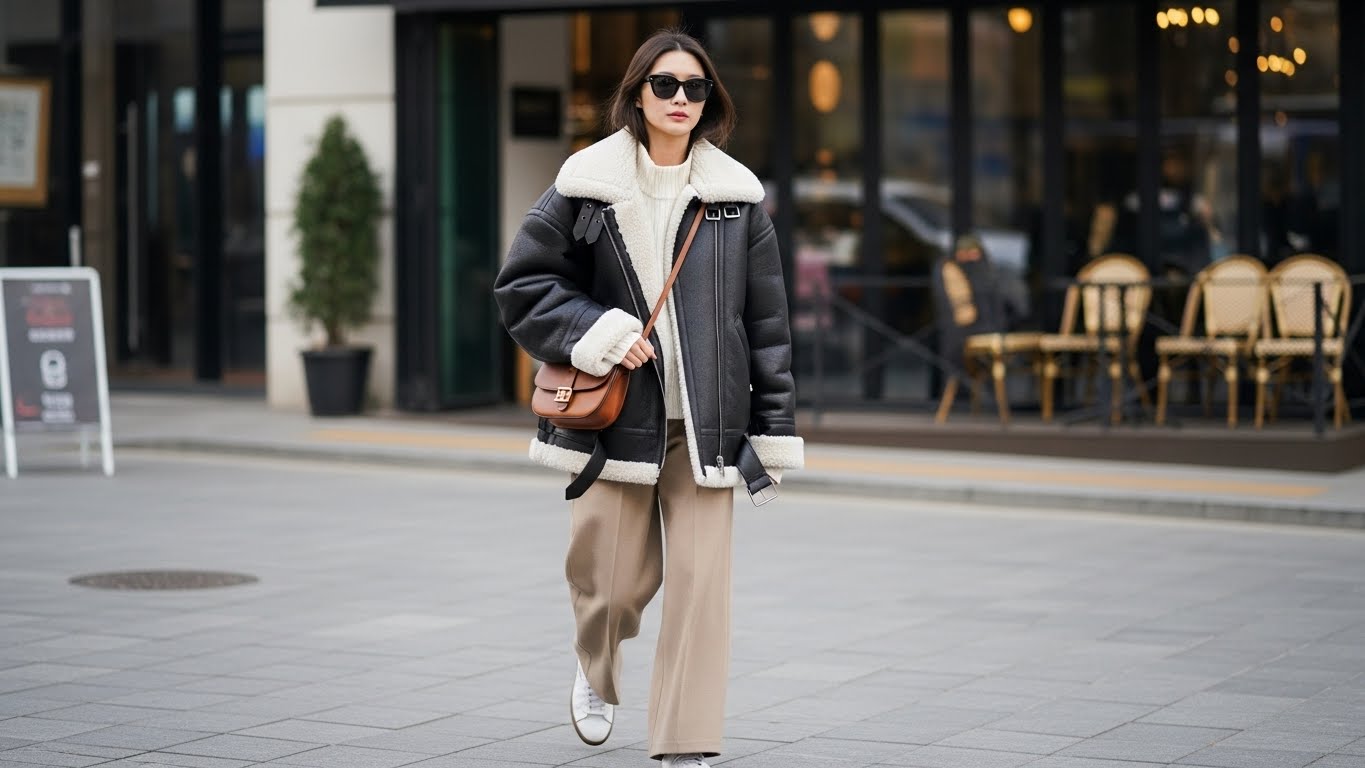 그레이 시어링 무스탕 재킷과 크림 니트, 베이지 와이드팬츠로 완성한 도시적 겨울 데일리룩 스타일링