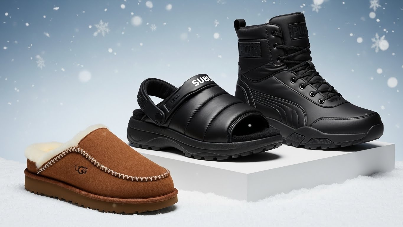 2025년 겨울 인기 방한화 3종 비교 - 왼쪽부터 어그 타스만 슬리퍼, 스부 윈터 샌들, 푸마 터프 테라 방한 부츠가 눈 내리는 배경에 전시된 모습