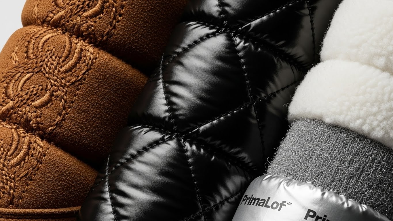 방한화 프리미엄 소재 클로즈업 - 왼쪽 스웨이드 브레이드 디테일, 중앙 블랙 퀴팅 패딩, 오른쪽 프리마로프트 보온 소재와 천연 양털