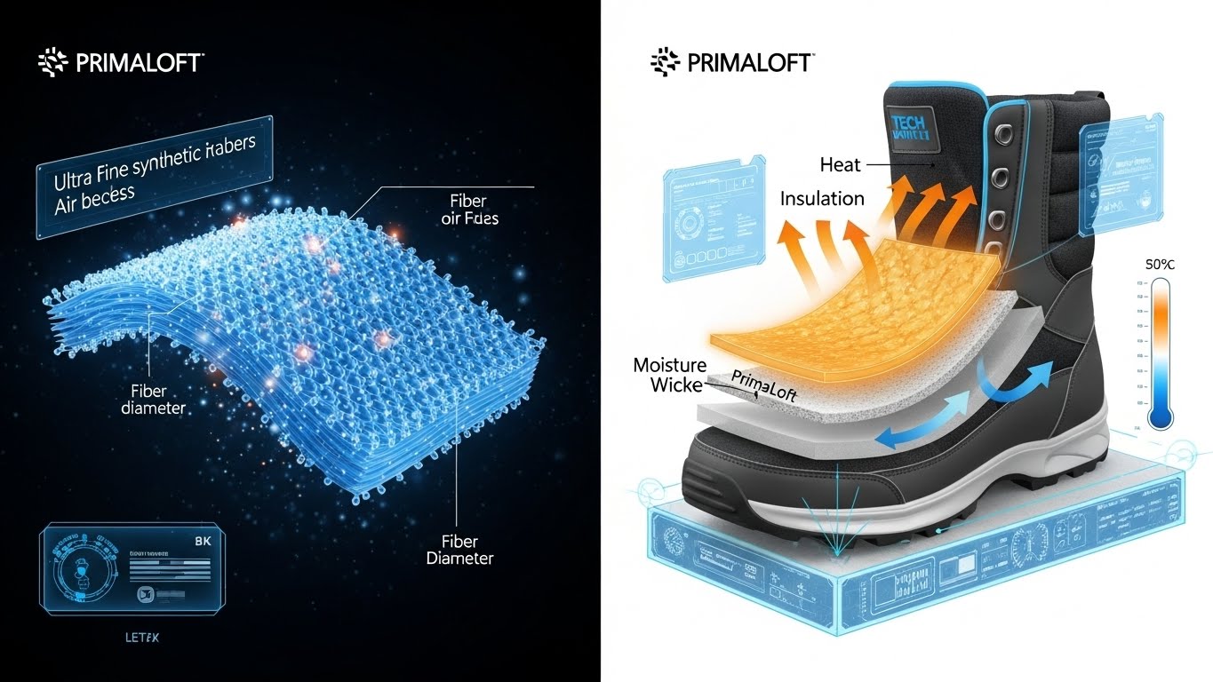 프리마로프트 보온 기술 원리 설명 - 왼쪽 극세사 섬유 구조와 공기층, 오른쪽 방한화 단면도에 열 보존과 수분 배출 원리 표시